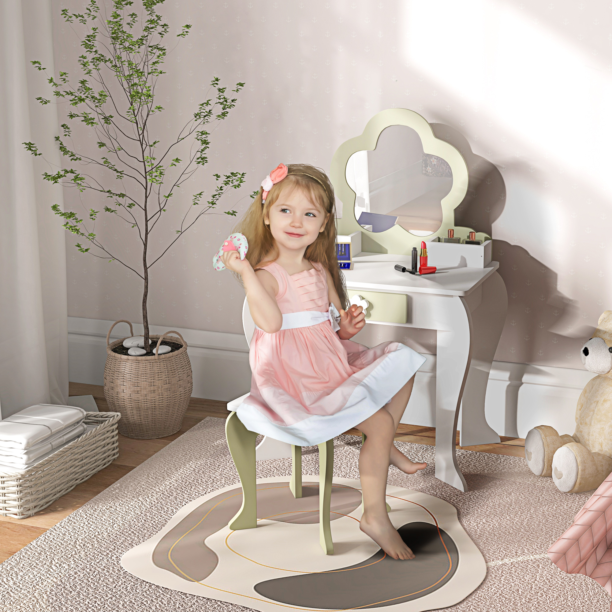 Zonekiz Set Toeletta per Bambina con Specchio Trucco e Sgabello Abbinato in Legno, Cassetto e Contenitori, Bianco   Aosom Italy
