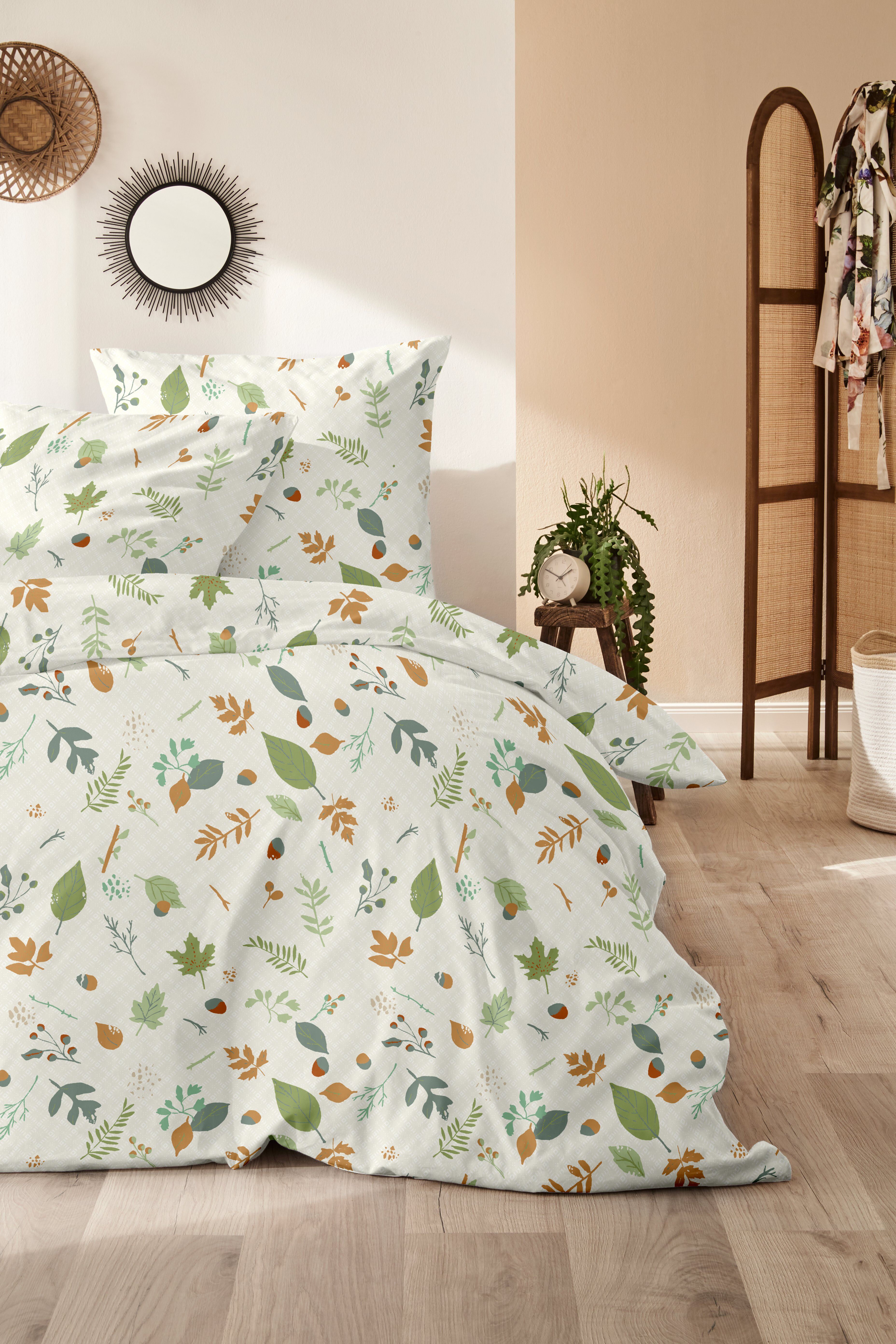 Bettwäsche PRIMERA "Biber-Bettwäsche Branches", braun grün, B/L: 155cm x 220cm, 1 Stk., 1 Stk., Biber, B/L: 80cm x 80cm, 2 Stk., Biber, Obermaterial: 100% Baumwolle, Bettwäsche, Bettwäsche, mit floralen Motiven braun grün B/L: 155cm x 220cm, 1 Stk., 1 Stk