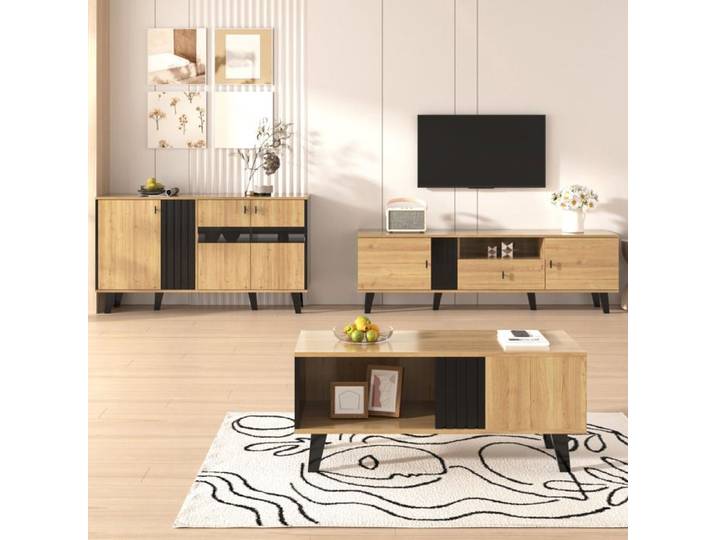 ELVORIN Ensemble salon 3 pièces bois et noir avec LED 100 x 60 x 45 cm