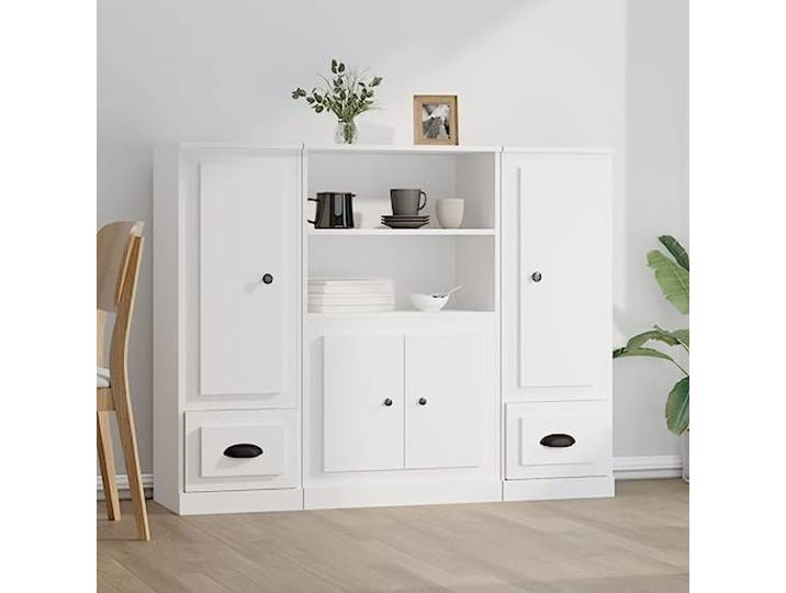 RJPLMFV Anrichte, weiß, 3 Türen, Holz Geräumige Aufbewahrung, minimalistisches Design, Wandbefestigung inklusive, feuchtigkeitsbeständig