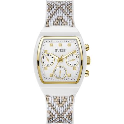 Multifunktionsuhr GUESS "RENDEZVOUS", beige (weiß, beige), Armbanduhren, Damen, Quarzuhr, Armbanduhr, Damenuhr, Datum, Wochentag, Nylon/Silikonarmband