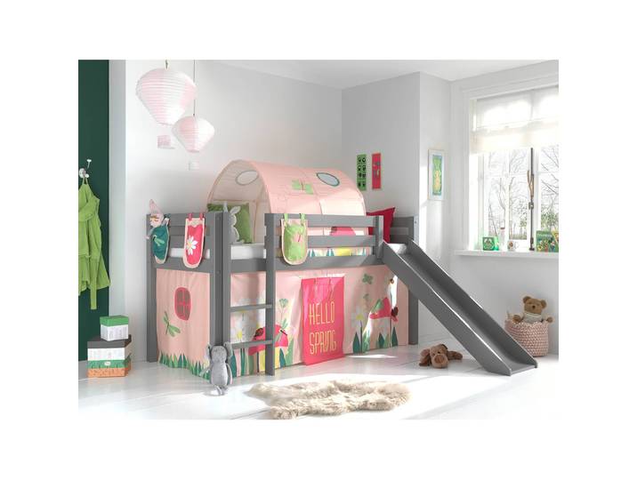 Spielbett Spring 90 x 200cm Grau/Kiefer Grau mit Taschen/mit Rutsche/mit Tunnel/mit Leiter