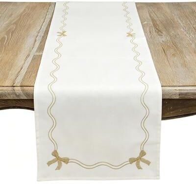 Saro "Holiday Ribbon Border Table Runner - Embroidered Bow Accents & Wave Trim for Christmas Dining & Entertaining - 16""x68"""