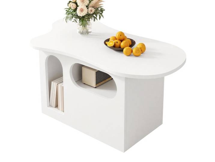 Table basse blanche avec tiroirs en forme de nuage et compartiments de rangement ouverts - 97x45x43 5 cm - Bords arrondis