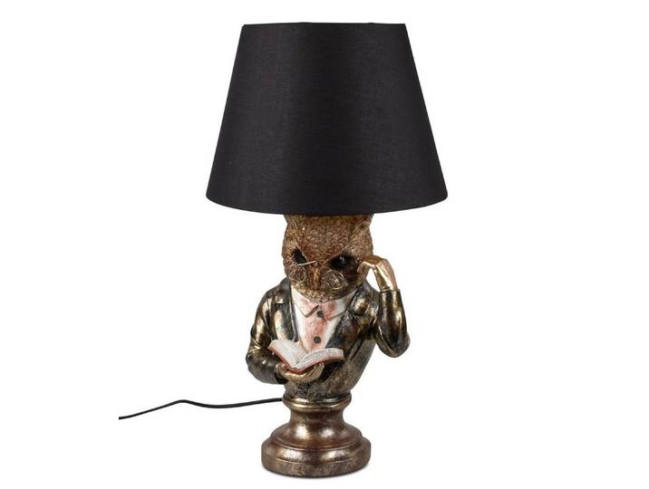 Kremers Schatzkiste Stehlampe Antikfarbene Eulenlampe mit schwarzem Stoffschirm 56cm Vintage Deko