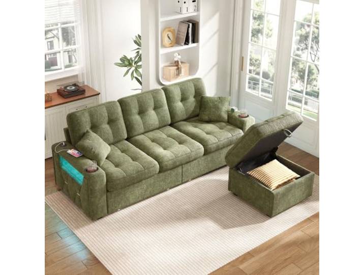 VILUXE 3-Sitzer Couch mit Stauraum LED & USB-C Chenille Grün Multifunktions-Sofa mit USB-C, LED, 2 Becherhaltern, Schubladen und Stauraum-Hocker, für Wohnzimmer und Apartment