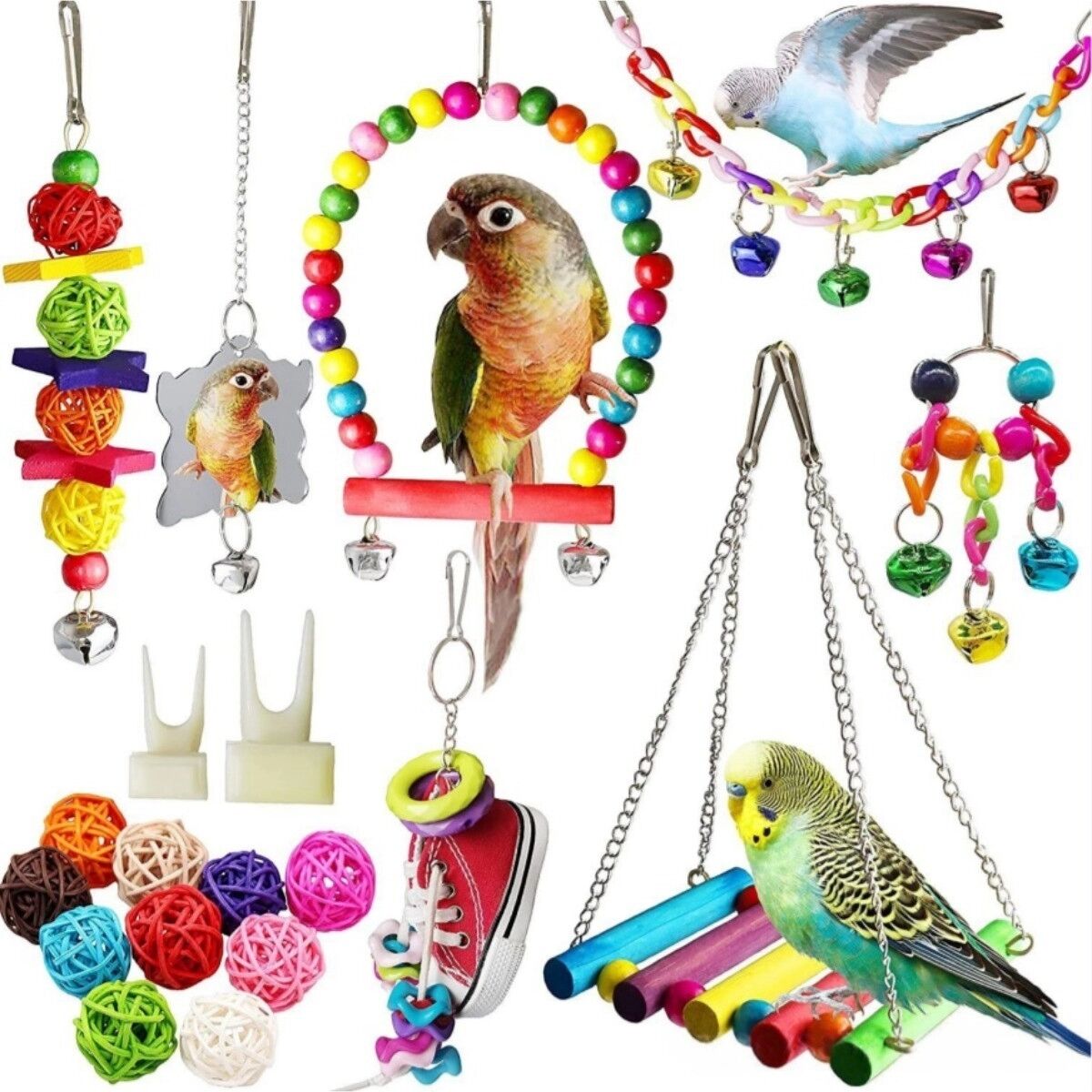 INF Ensemble de jouets pour oiseaux - 19 pièces en bois de pin+métal avec balançoire, échelle et accessoires à mâcher pour