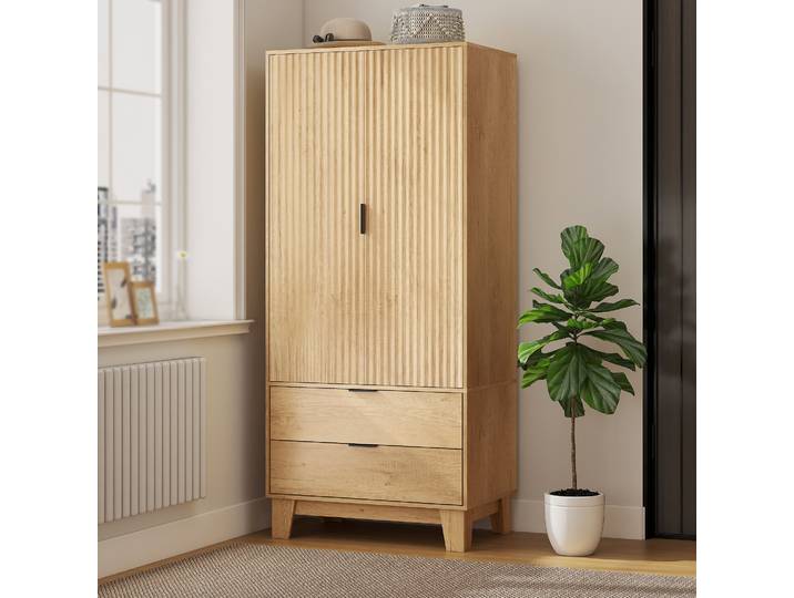 HOMCOM Armoire 2 Portes 2 Tiroirs Bois Naturel 80x50x180cm