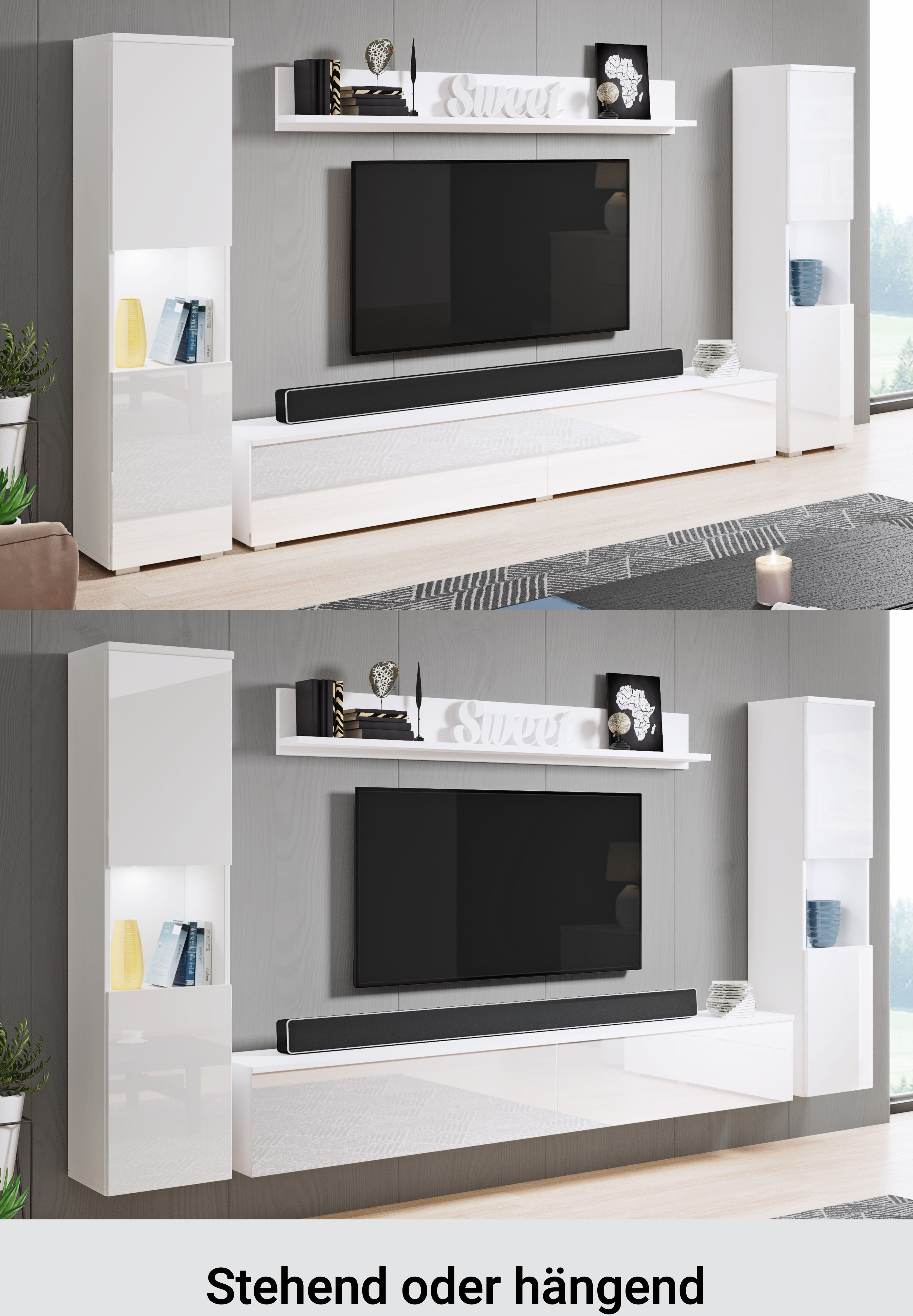 Wohnwand GOODPRODUCT "PARIS, Vitrine Türanschlag links/rechts wechselbar", schwarz (kastanien breslau, schwrz hochglanz), B:260cm H:130cm T:33cm, Hartfaserplatte, Kastenmöbel-Sets, Wohnwand, grifflose Design, stehend und hängend montierbar kastanien bresl