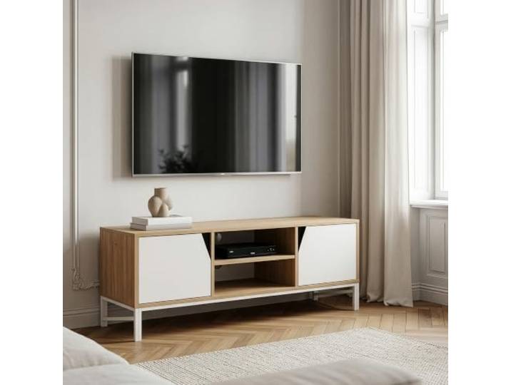 [en.casa] TV Schrank Kerrköndam mit 2 Türen 120x40x46 cm Eicheoptik/Weiß TV-Lowboard, Sideboard Wohnzimmer, Fernsehschrank, Fernsehtisch, TV Board, TV Tisch, stehend, 2 offene Fächer, Metallgestell