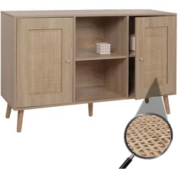 Sideboard HWC-M42, Schrank Kommode Highboard, Staufächer, Kubu Rattan Holz Melamin, Eiche-Optik