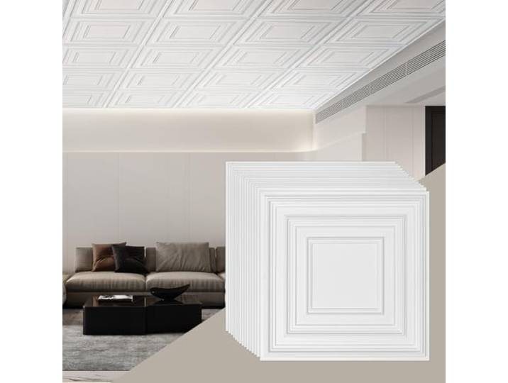 VEVOR Dalles de Plafond PVC\, Lot de 12\, Tuiles de Plafond Plastique à Coller\, 605x605 mm\, Installation Découpe Facile\, Revêtement de Plafond pour Décoration de Maison\, Bureau\, Design Texturé 3D\, Blanc