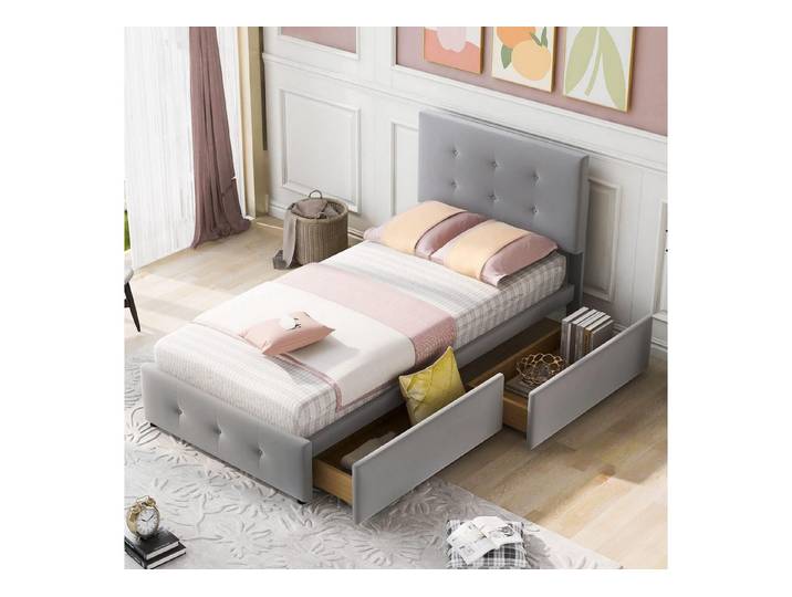 LuxusKollektion Polsterbett Polsterbett 90x200 cm Grau mit Schubladen