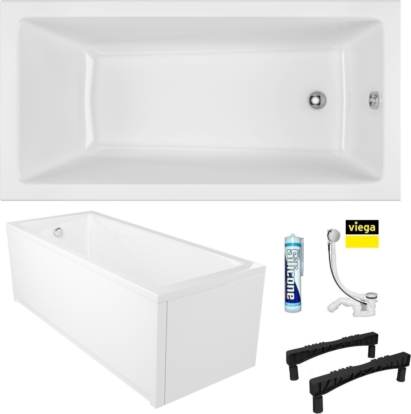 ECOLAM Badewanne Wave 180x80 cm + Schürze | große Wanne Acrylwanne Rechteck I Ablaufgarnitur VIEGA Füße Silikon Komplett-Set