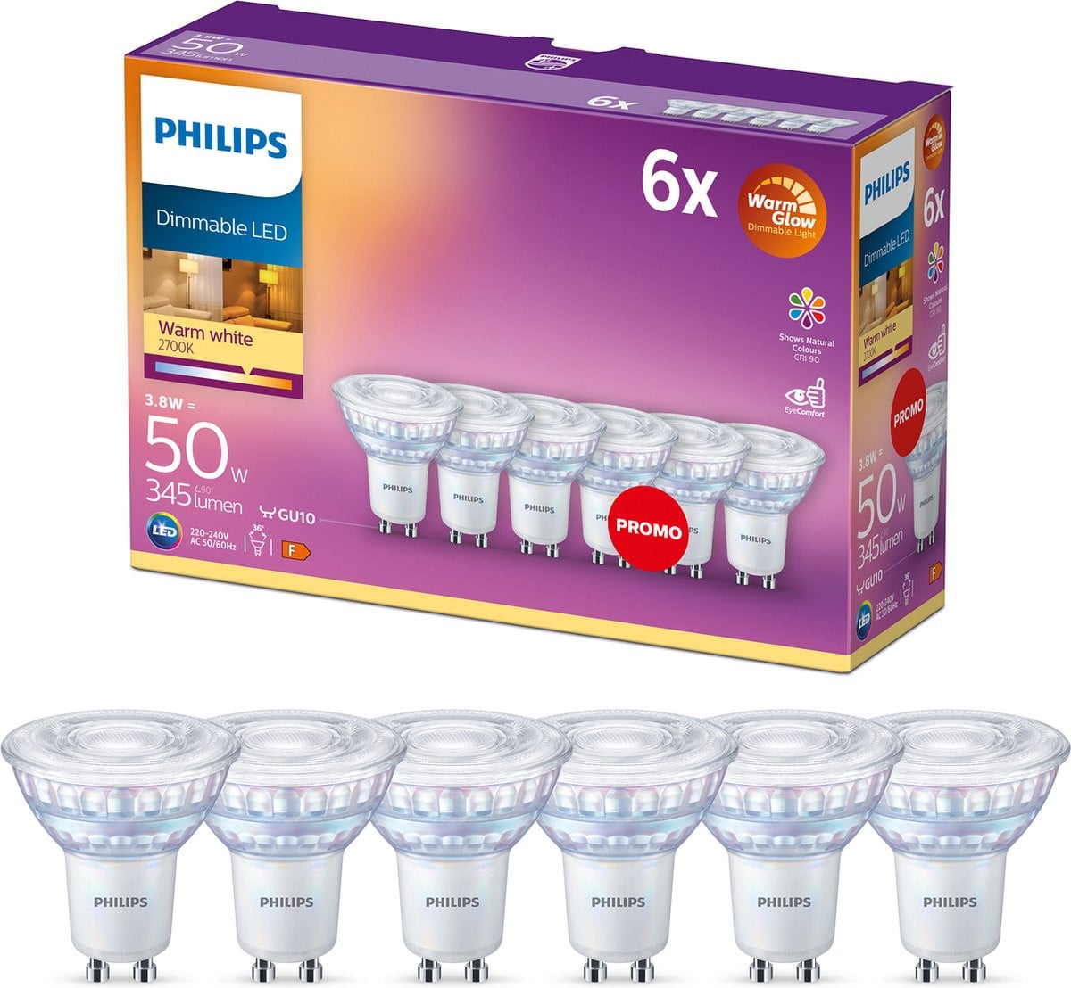 Philips LED Spot 50 W GU10 Dimbaar Warmwit Licht 6 stuks