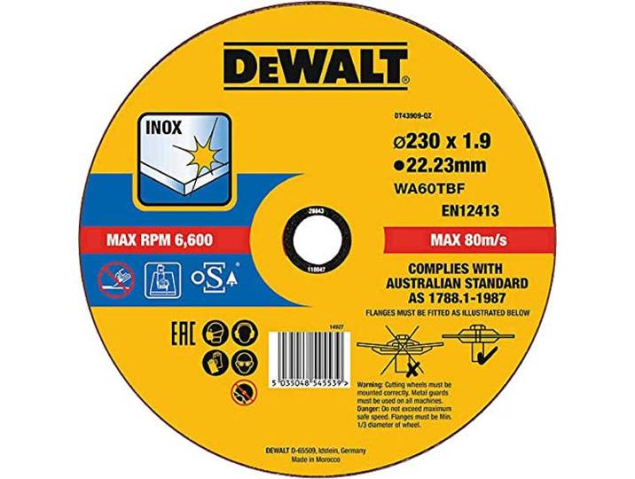 Dewalt DT43909-QZ doorslijpschijf roestvrij staal plat 230x1,9mm, zwart/geel