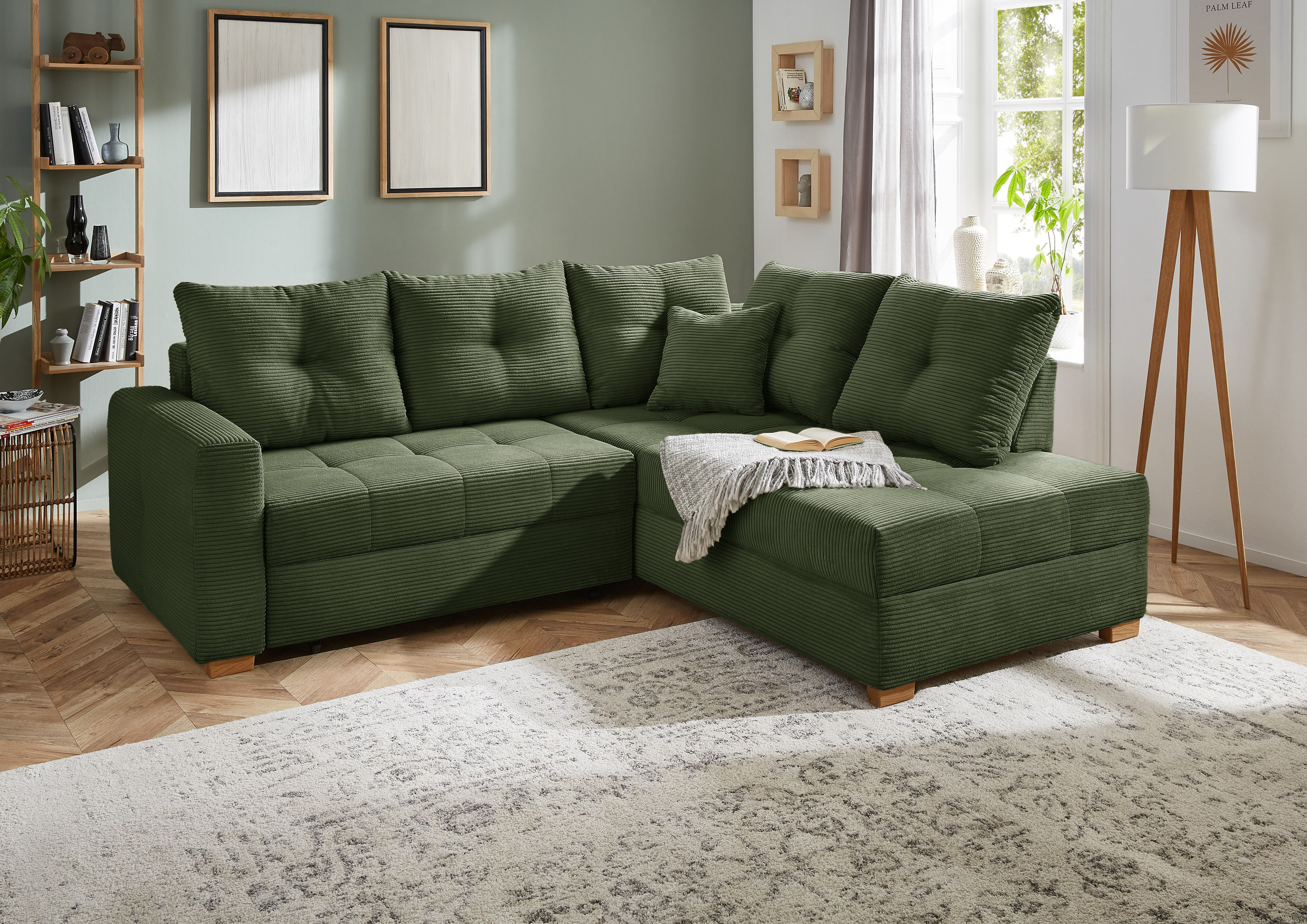 Ecksofa JOCKENHÖFER GRUPPE "Heidelberg L-Form, B: 228 cm", grün, B:228cm T:99cm, Korpus: 100% Polyester;Kissen: 100% Polyester, Sofas, Ecksofa, mit Schlaffunktion, Bettkasten & Zierkissen grün B/H/T: 228cm x 99cm, Cord, Ottomane beidseitigmontierbar, Bett