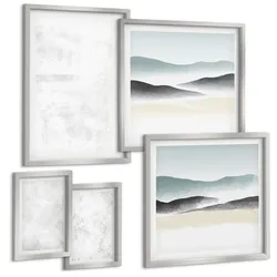 BILDER SET 5er Set - 50x50 cm & 20x30 cm & 40x60 cm Silberner Rahmen - Weiße Flecken auf Leinwandhintergrund
