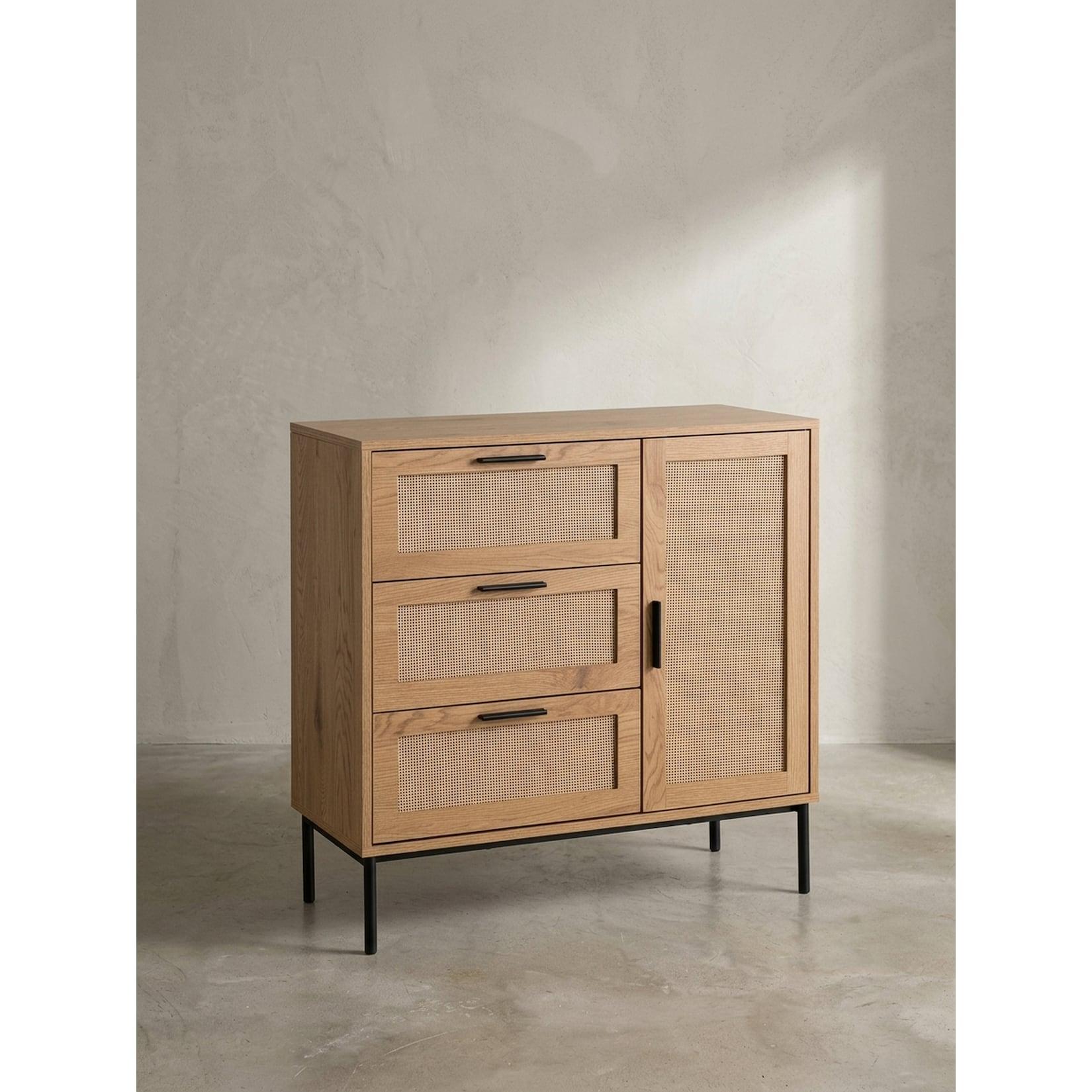 Kommode – Eiche-Dekor/Rattan, 80x82x36 cm, 3 Schubladen, 1 Tür, modern