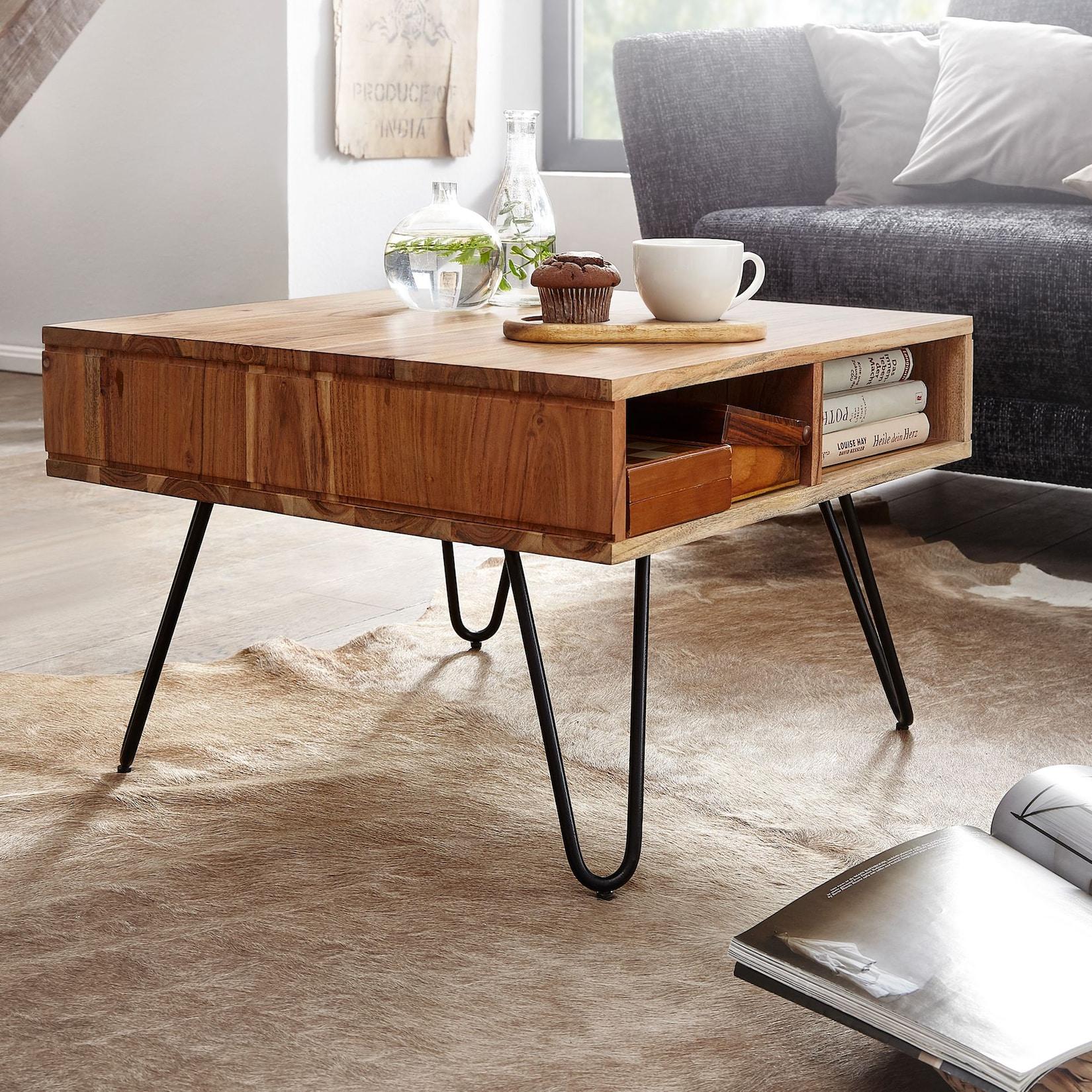 FineBuy Couchtisch quadratisch 60cm Akazie Massivholz Wohnzimmertisch mit Ablage