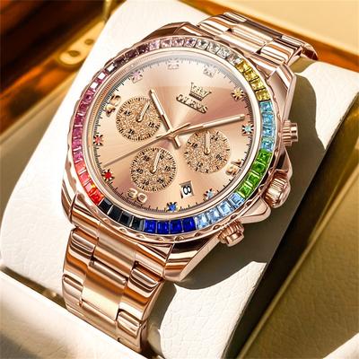 Fashion Sheath OLEVS Rainbow Gemstone Bezel Quartz Watch rose Gold