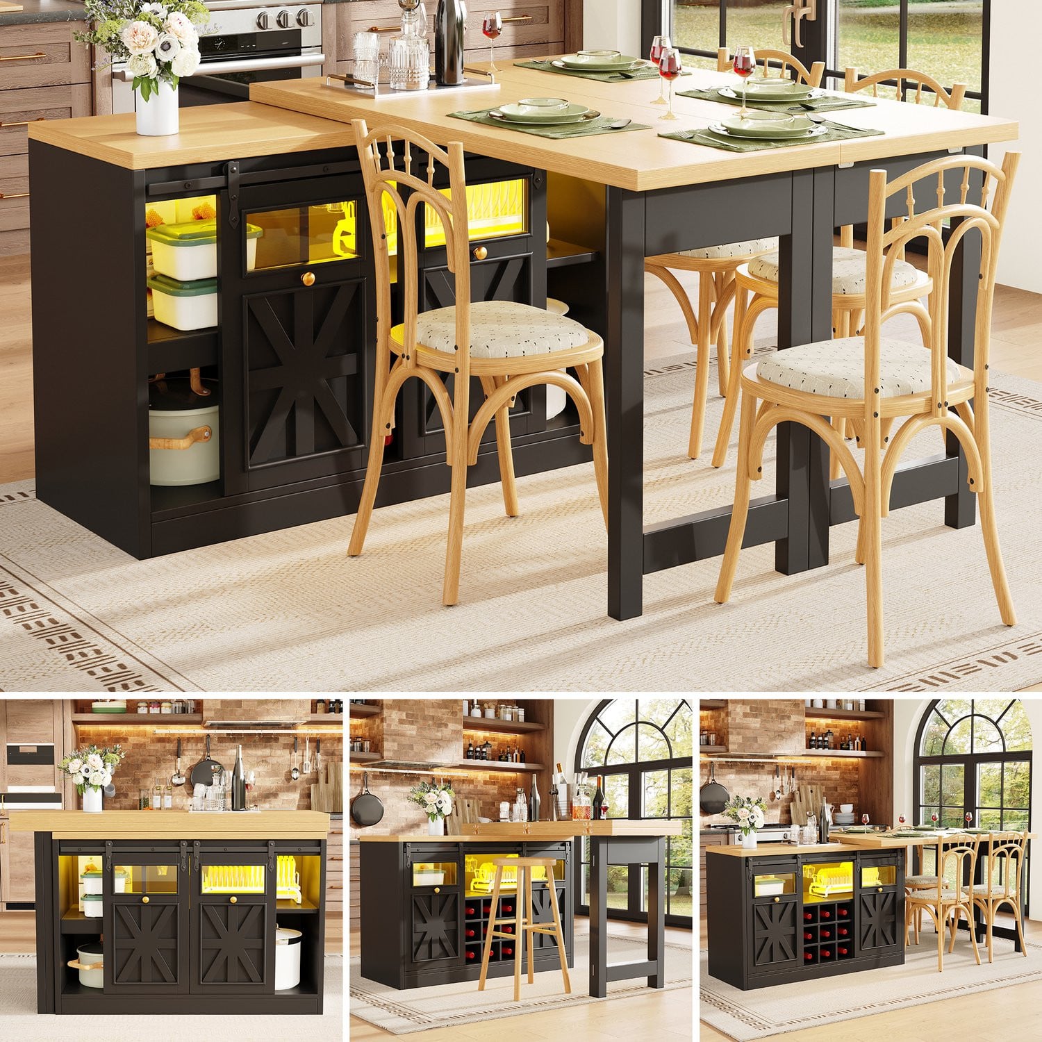 Multifunctionele Eettafel Sideboardcombinatie met RGB-verlichting, 360 graden draaibare en uitschuifbare tafel, Zwart