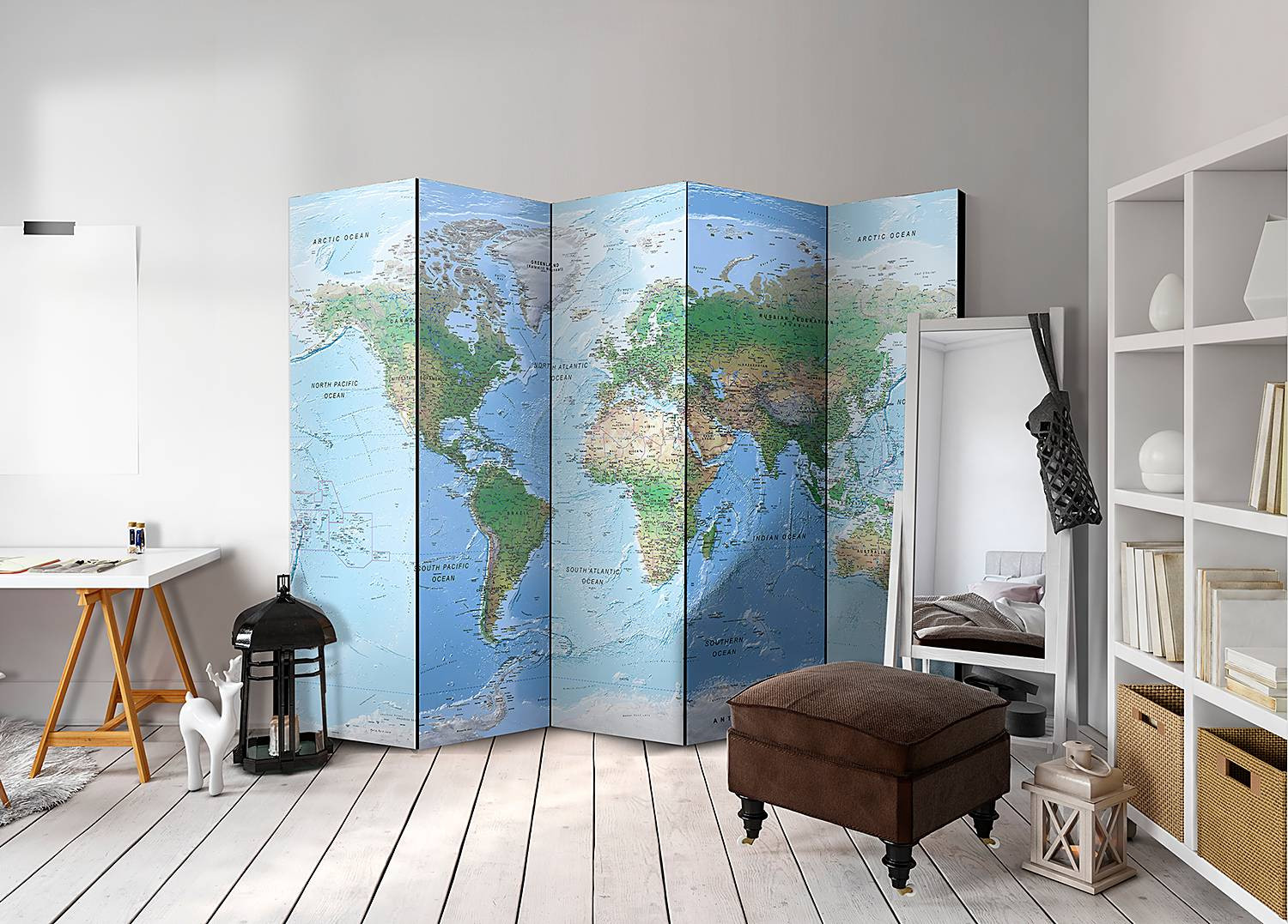 home24 Kamerscherm World Map Acoustic, blau, massief hout, B: 225 cm, H: 172 cm, D: 3 cm