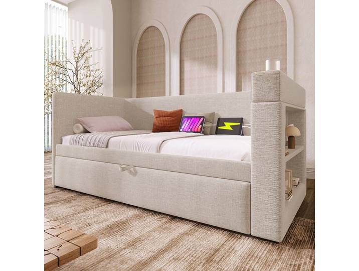 Canapé‑lit simple avec lit gigogne - SINGULARITY - LIT GIGOGNE 90x190 cm - Beige - Sommier à lattes inclus - Matelas non inclus