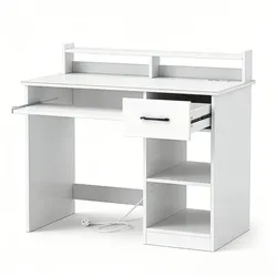 COSTWAY Desk with Charging Station, Small Computer Desk with Keyboard Tray, Drawer & Adjustable Shelf, Modern Office Table