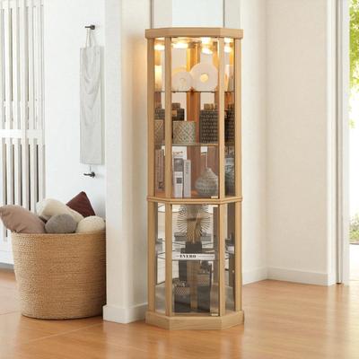 Fundinbaths Corner Lighted Glass Curio Cabinet with Doors, Shelves and Mirrored Back for Display and Storage
