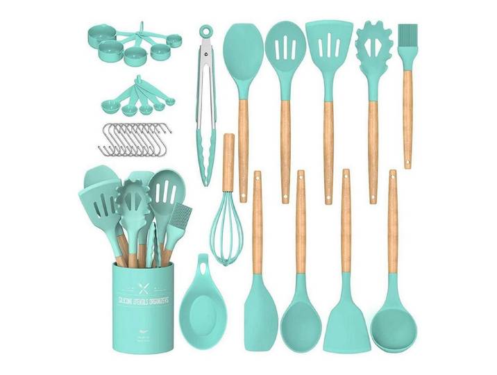 LuxusKollektion Kochbesteck-Set Küchenutensilienset Silikon Spachtel Holzgriff Halter 24teilig Grün