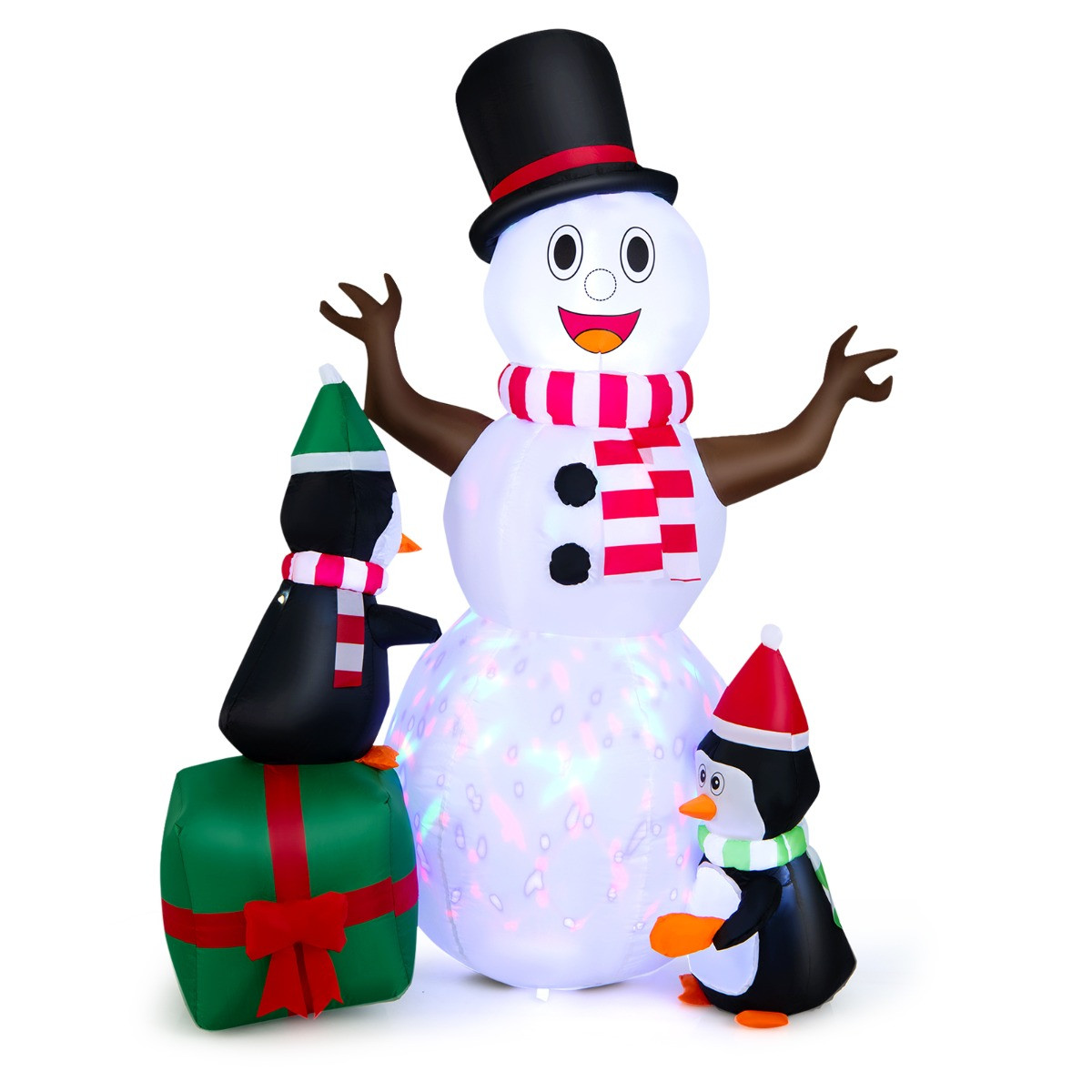 Costway Opblaasbare Sneeuwpop met Pinguïns Kerstdecoratie, 180 cm, met Witte en Kleurrijke LED-verlichting