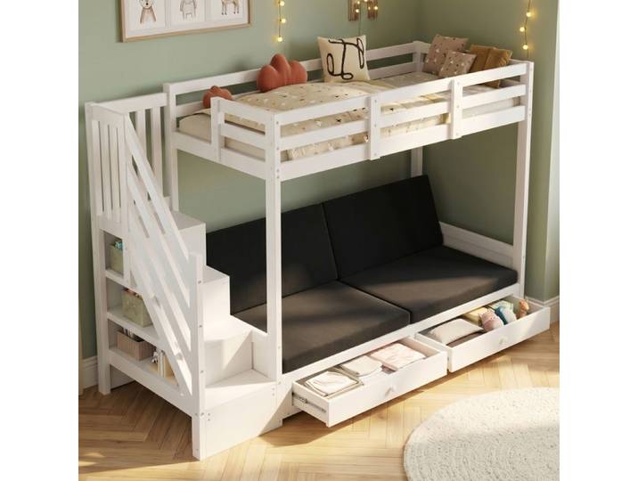 Lit superposé - MERAX - Lit superposé enfant 90 x 200 cm - Banquette convertible - Escalier-rangement - 2 tiroirs 4 coussins