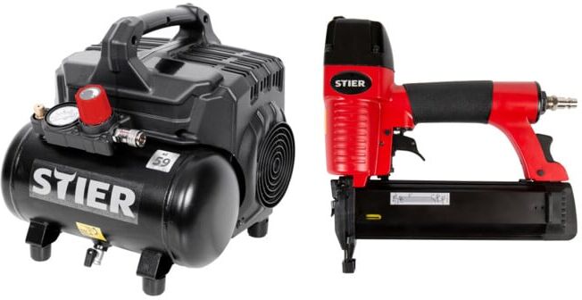 Set STIER Flüsterkompressor FKT 215-8-6 ölfrei + STIER Druckluftnagler SKN-15/50 für Stauchkopfnägel 15-50 mm