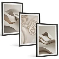 BILDER SET 3er Set - 40x60 cm Schwarzer Rahmen - Abstrakte beige Wellen