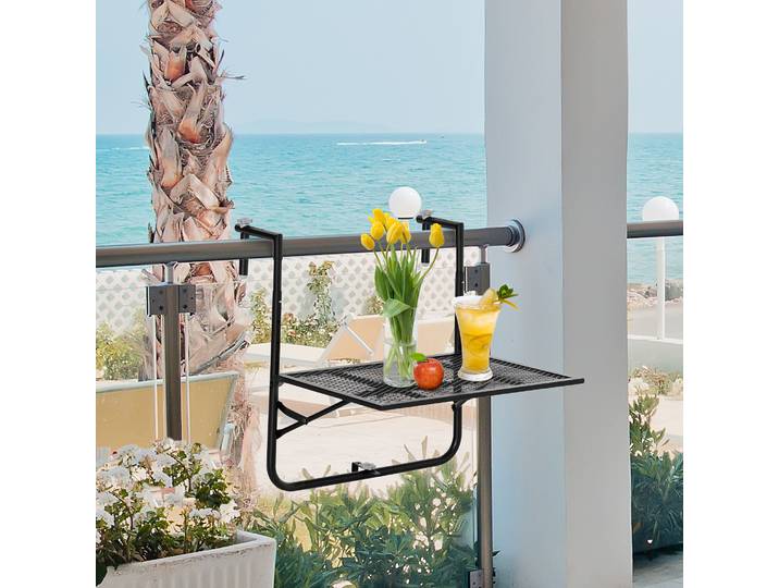 Outsunny Table Balcon Métal Pliable Hauteur Réglable Noir