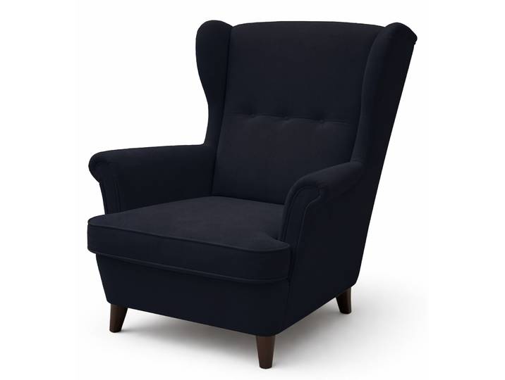 Ohrensessel Malmello, dunkelblau, samt, pflegeleicht, schwarze
