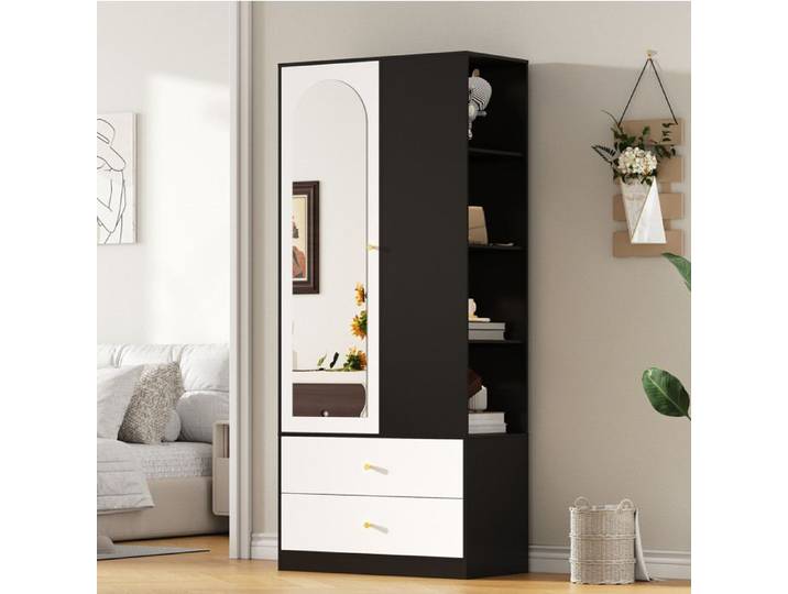 IVMEU Armoire chambre miroir 1 porte 2 tiroirs 4 étagères 80x40x180 cm blanc/noir