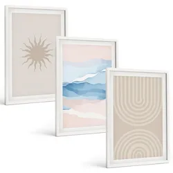 BILDER SET 3er Set - 40x60 cm Weißer Rahmen - Sonnenwellen abstrakte Linien Pastell