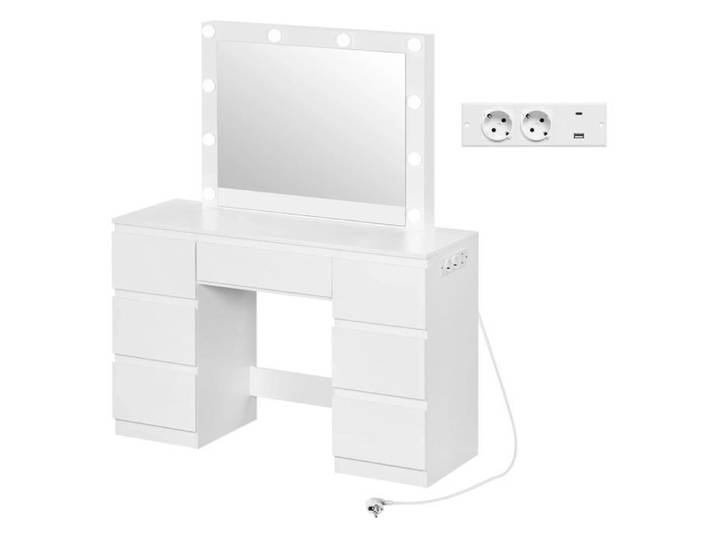 ELVORIN Coiffeuse blanche avec miroir LED 110 x 39 5 x 140 cm 7 tiroirs prise intégrée avec USB A et USB C