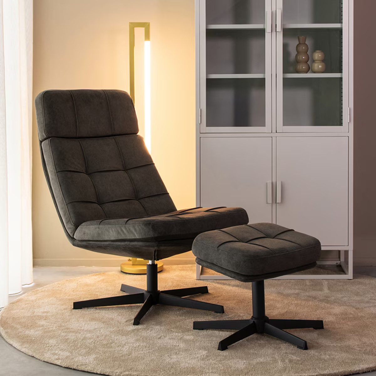 LABEL51 Alvar Lounge Fauteuil met Hocker - Antraciet - Velvet