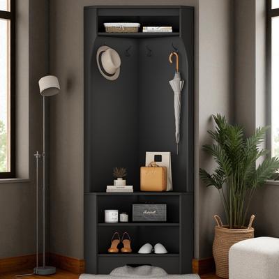 Fundinbaths Modern Corner Hall Tree with Bench and Adjustable Shelf, Compact Entryway Coat Rack with 4 Hooks and Storage Cabinet