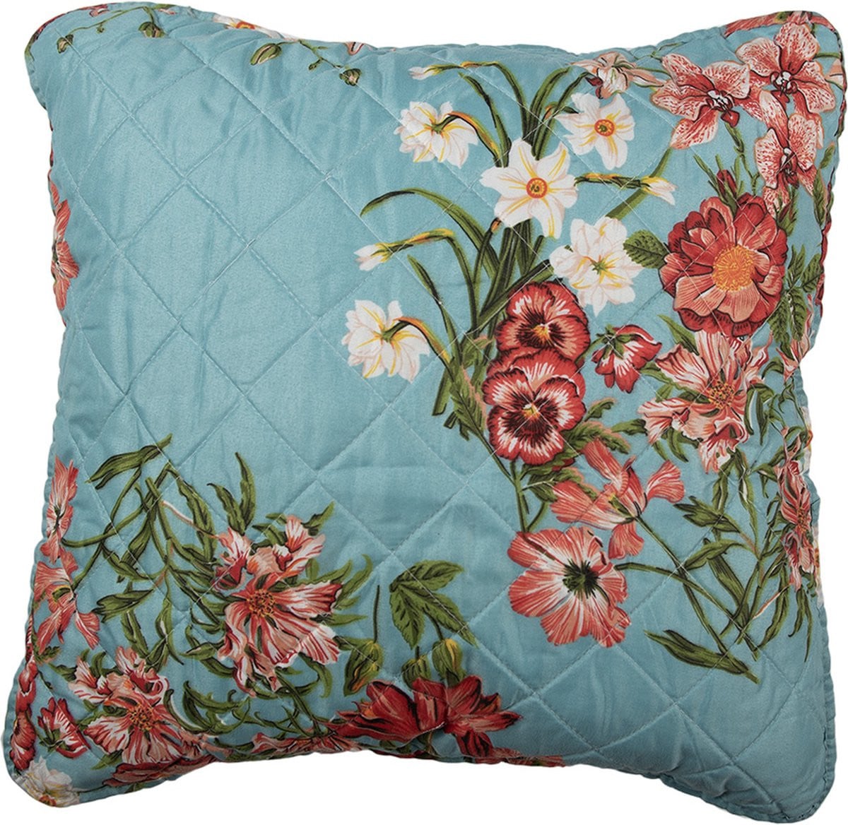 Clayre & Eef Kussenhoes Blauw Roze Katoen Bloemen 50x50 cm