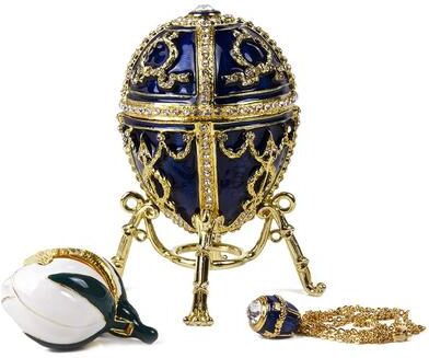 STP Goods Imperial Faberge Arrow Egg / Jewelry Box w/ Flower and Pendant in Blue