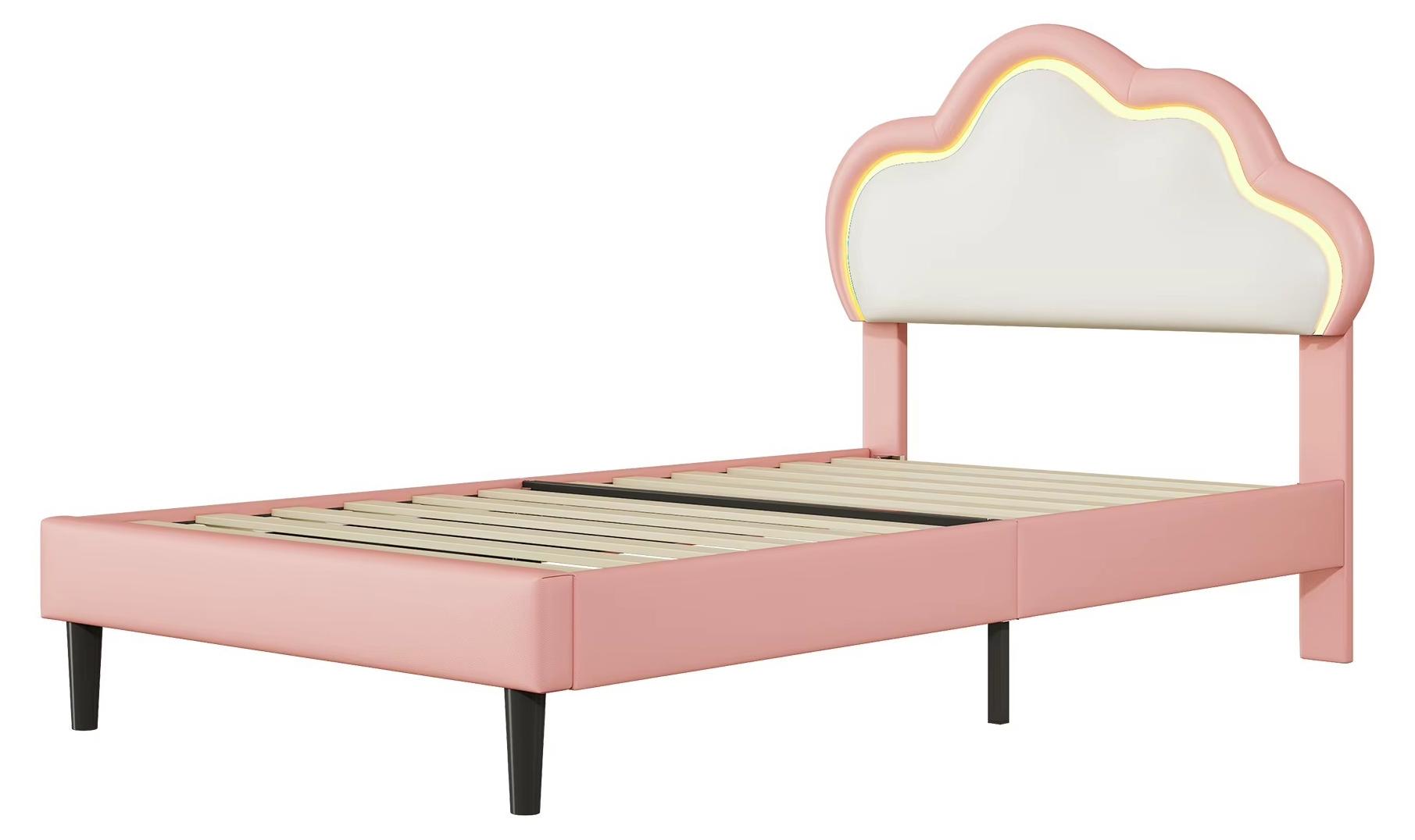 Kinderbett - Polsterbett - 90 x 200 cm - Wolkenförmiges Kopfteil - Blütenblattdesign - Samtbezogener Holzrahmen - Rosa