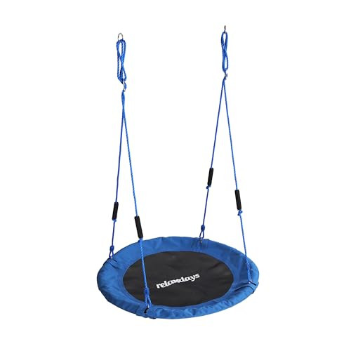 Relaxdays nestschommel voor kinderen, blauwe ronde hangschommel met schuimhandgrepen