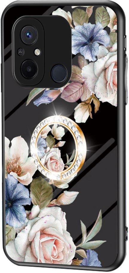 INCOVER Xiaomi Redmi 12C Plastik Bagside Cover m. Glasbagside & Magnetisk Kickstand / Finger Ring - Sort m. Blomster