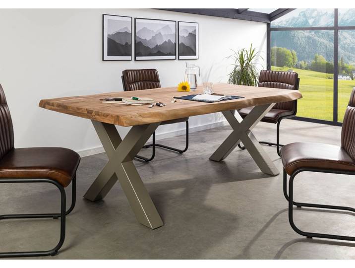 Baumtisch Sheesham 200x100x77 natur gebeizt / X-Beine silber matt FREEFORM 5