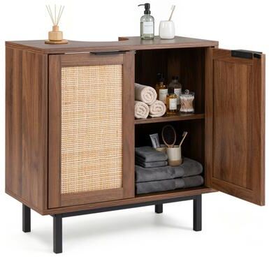 Costway Bathroom Vanity Cabinet with U-Shaped Cut-Out 2 Rattan Doors and Shelf-Brown