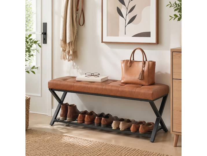 HOMCOM Banc à Chaussures Simili Cuir Marron 112x37x47cm